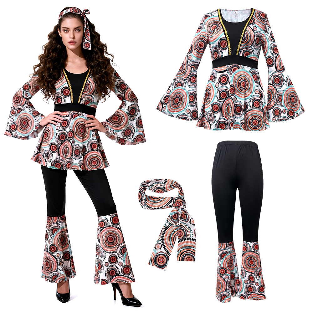 Couple 70s 80s Disco Hippie Costume Set Retro Circular Print Flared Pants Outfit